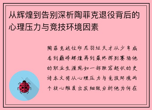 从辉煌到告别深析陶菲克退役背后的心理压力与竞技环境因素