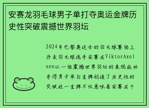 安赛龙羽毛球男子单打夺奥运金牌历史性突破震撼世界羽坛