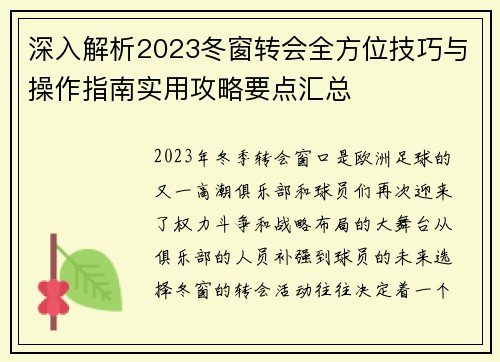 深入解析2023冬窗转会全方位技巧与操作指南实用攻略要点汇总